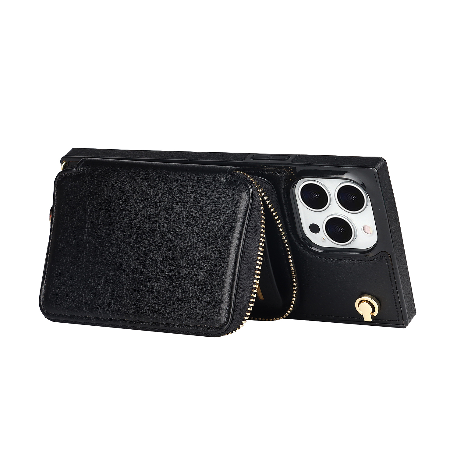iPhone 13 Pro Necklace Leder Schutz Hülle mit Kartenfächer   Handykette (140cm) - Schwarz