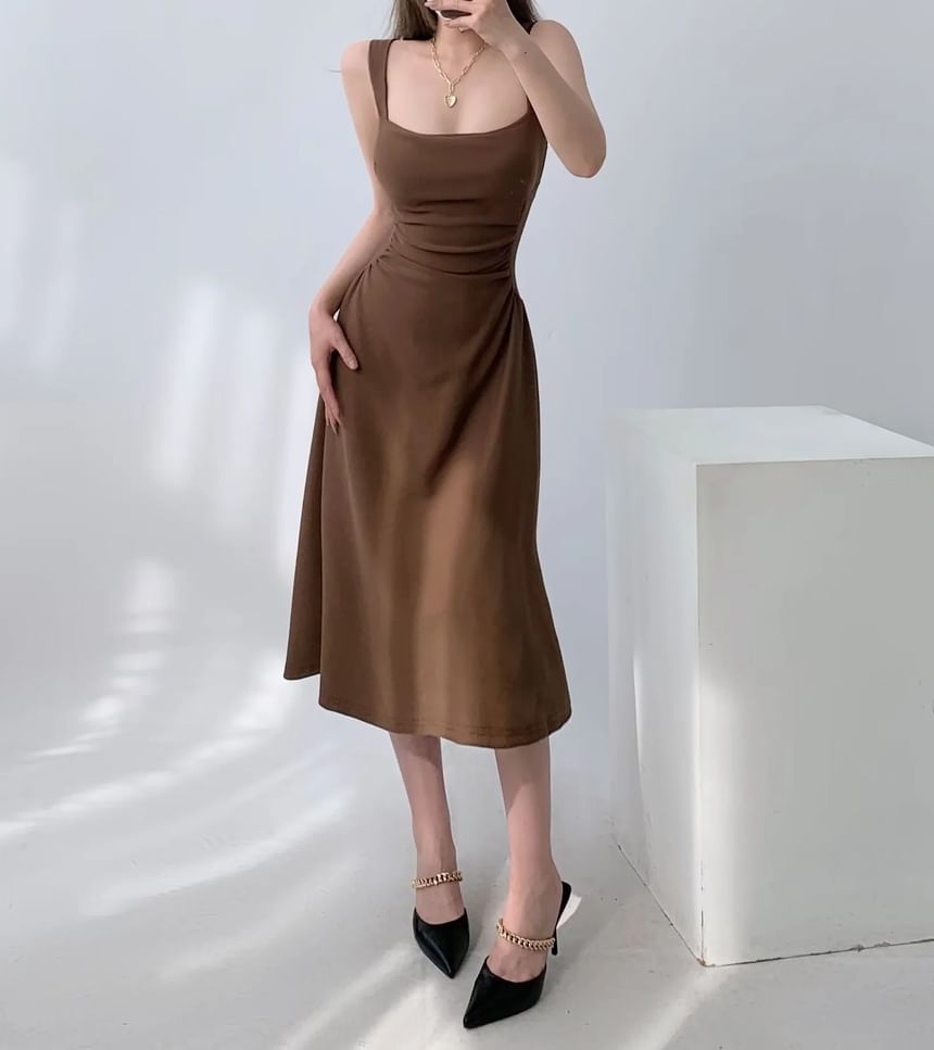 Asiris - Midi bodycon-jurk met spaghettibandjes en vierkante hals, effen ruches