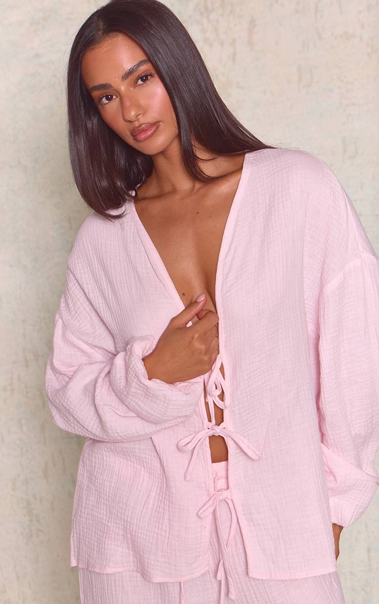 Rose Chemise Petite Texturée En Gaze De Coton Avec Liens À Nouer Devant - Ensemble Coordonné