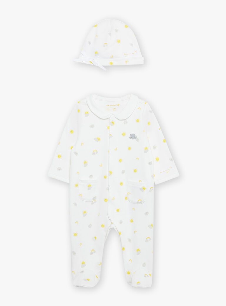 Pyjama et bonnet de naissance blancs à imprimé nuages et soleils