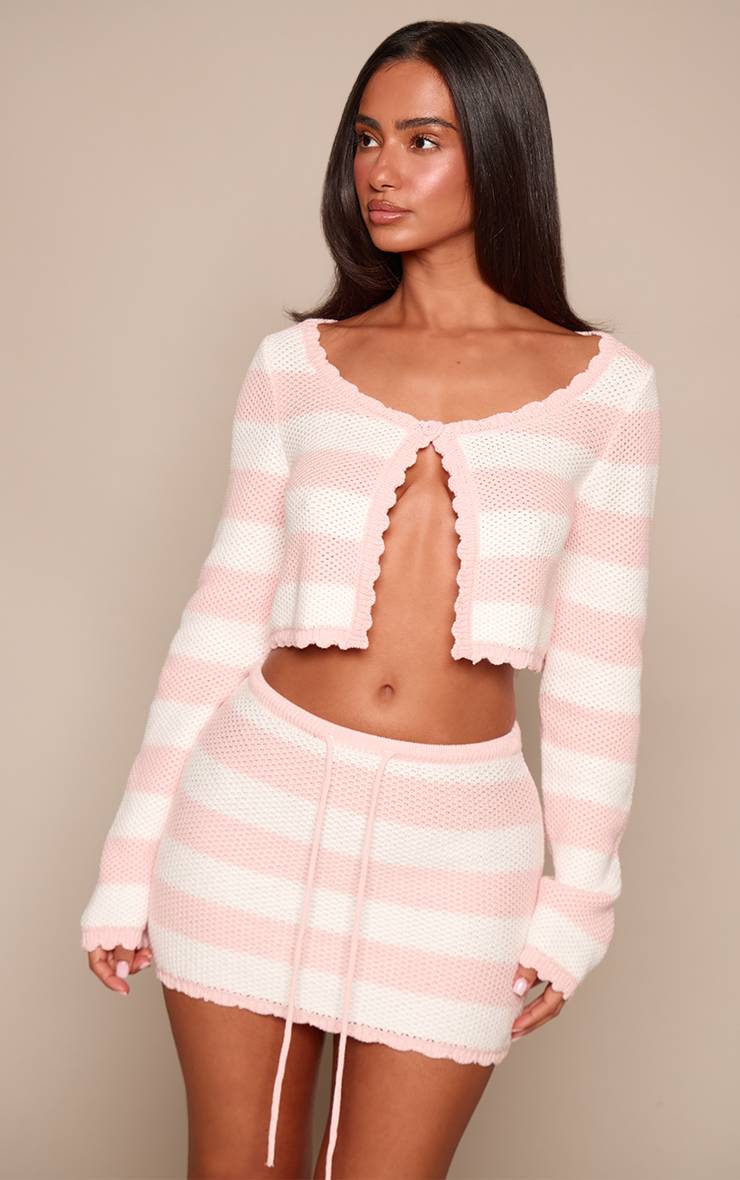 Rose Mini-jupe Tricotée Petite Taille À Rayures Avec Taille Cordon De Serrage