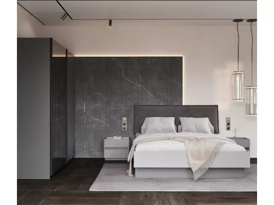 Chambre complète TEO lit + 2 chevets + commode + armoire 3 portes anthracite