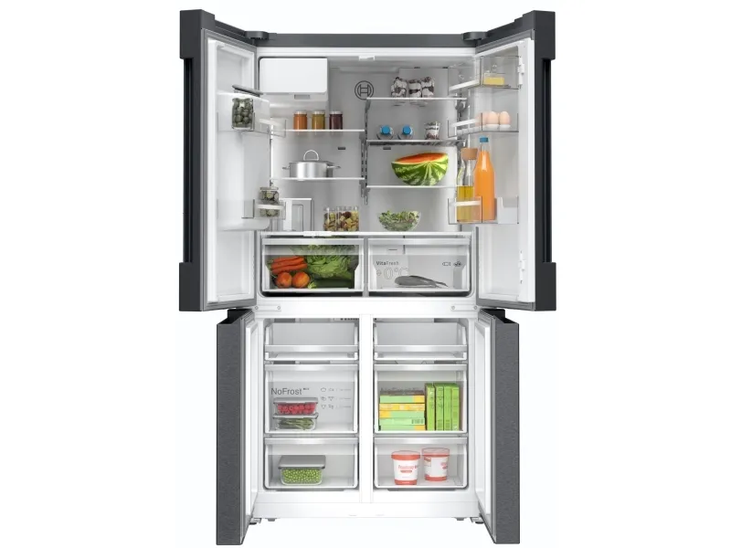 Bosch Serie | 6 KFI96AXEA - Køleskab/fryser - frans dør-bundfryser med vanddispenser, isdispenser - bredde: 90.5 cm - dybde: 73.1 cm - højde: 183 cm - 574 liter - Klasse E - børstet sort stål