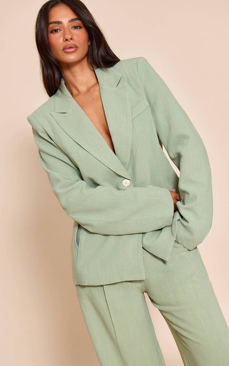 Vert Sauge Blazer Oversize En Lin Neutre Avec Poches Petite Taille
