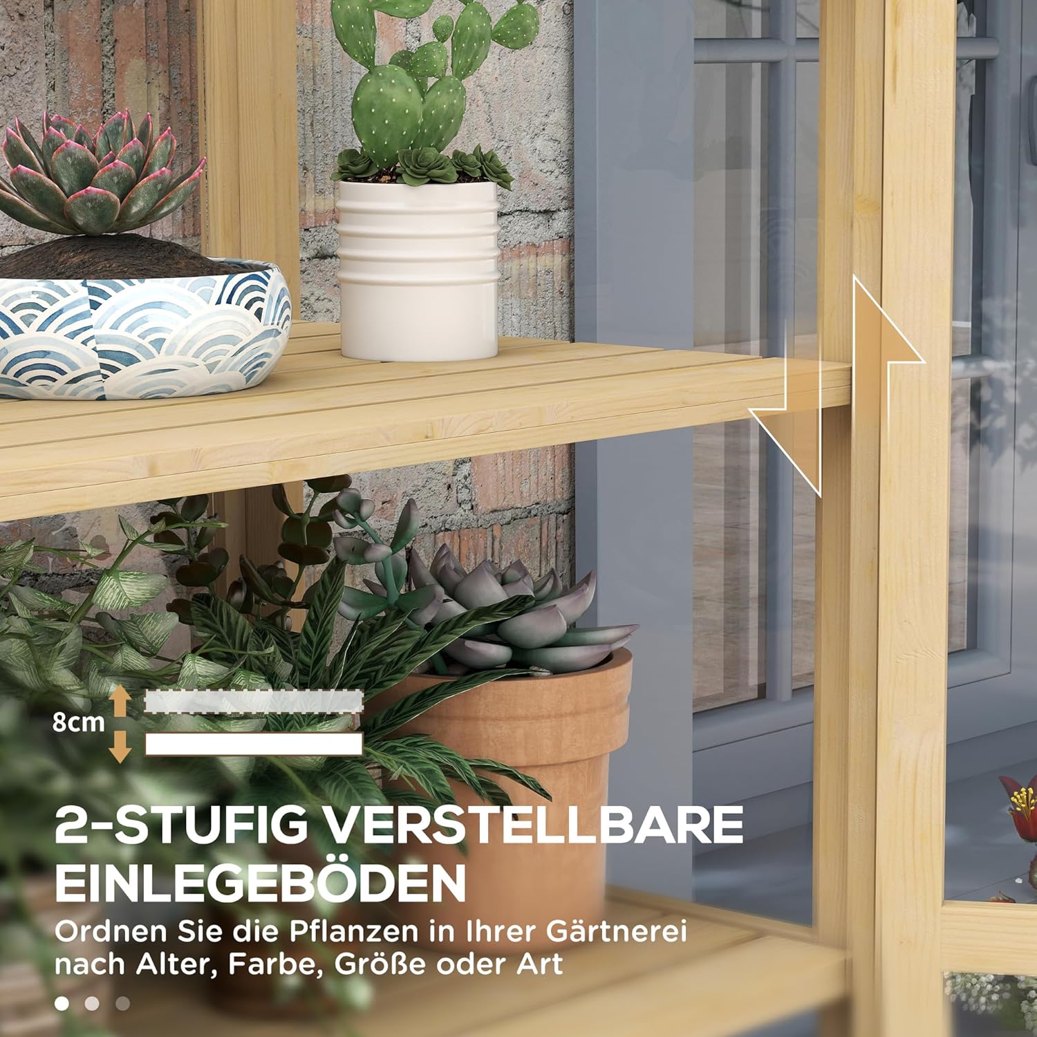 Outsunny Frühbeet aus Holz Abschließbar Gewächshaus Treibhaus mit 4 Ebenen, Dachfenster, Frühbeetkasten mit Doppeltür, für Garten, Balkon, Natur, 100 x 56,5 x 178 cm