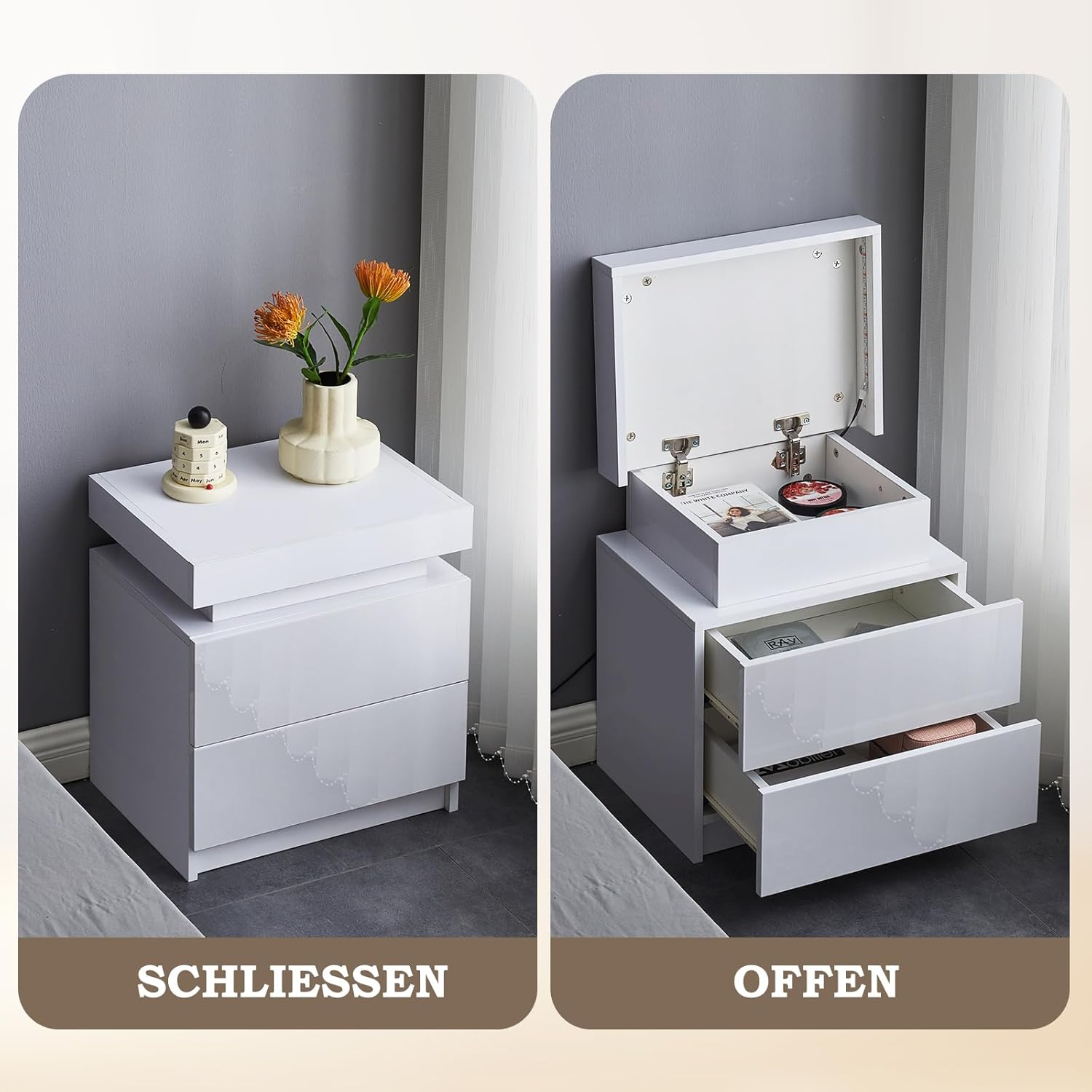 TUKAILAI 2X Nachttisch Weiß mit RGB Led Licht 2 Schubladen Nachtschrank Holz Beistelltisch Organizer Einheit Nachtkonsole Nachtkommode für Schlafzimmer Wohnzimmer