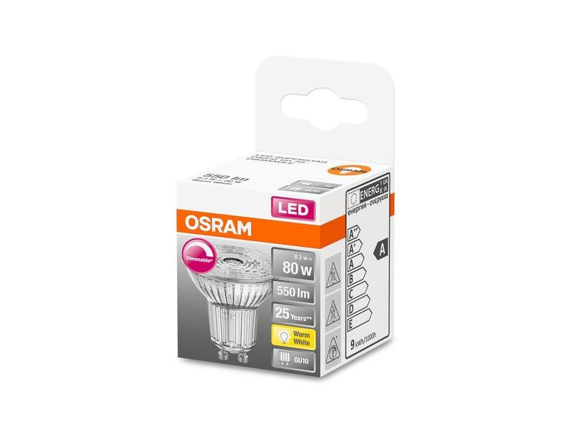 OSRAM Lampe Superstar PAR16 80, 8.3W, GU10 Warmweiss Dimmbare LED-Reflektorlampe PAR16 mit Retrofit-Stecksockel