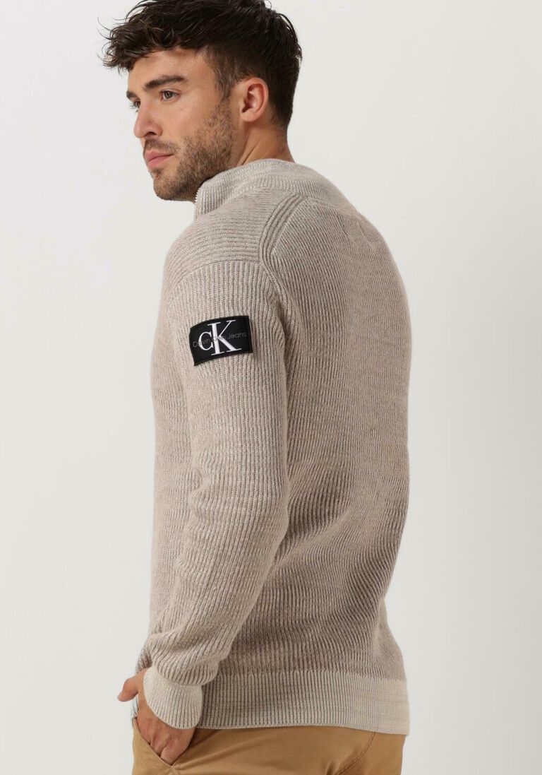 CALVIN KLEIN beige calvin klein trui badge plated half zip sweater