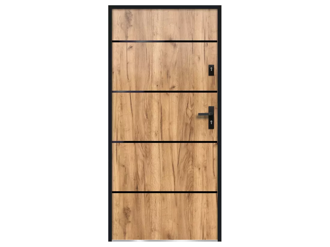 Porte d'entrée en acier pleine et inox H207 x L100 cm effet chêne - poussant gauche - NAXARA