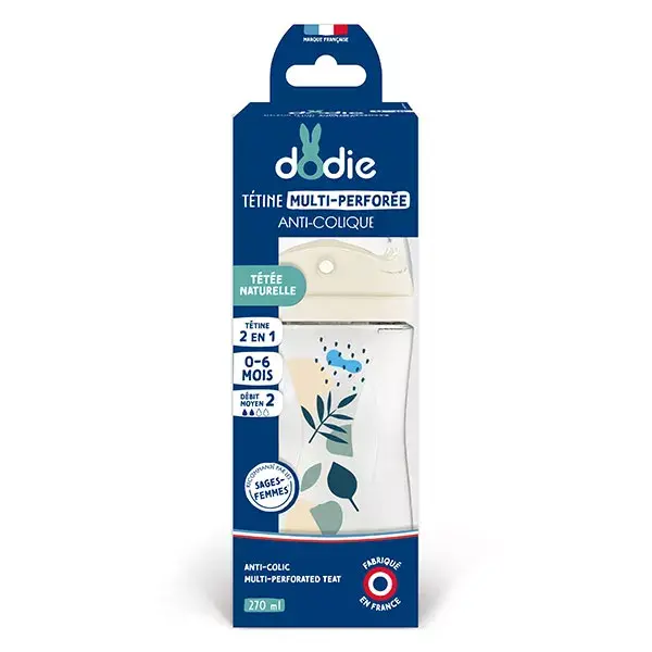 Mamadeira Dodie com bico multiperfurado, anticólica, azul, 270ml