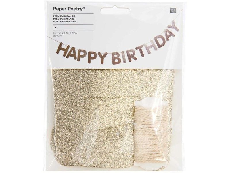 Rico Design Girlande Happy Birthday, Glitter Gold Dekorative Papiergirlande zum Geburtstag