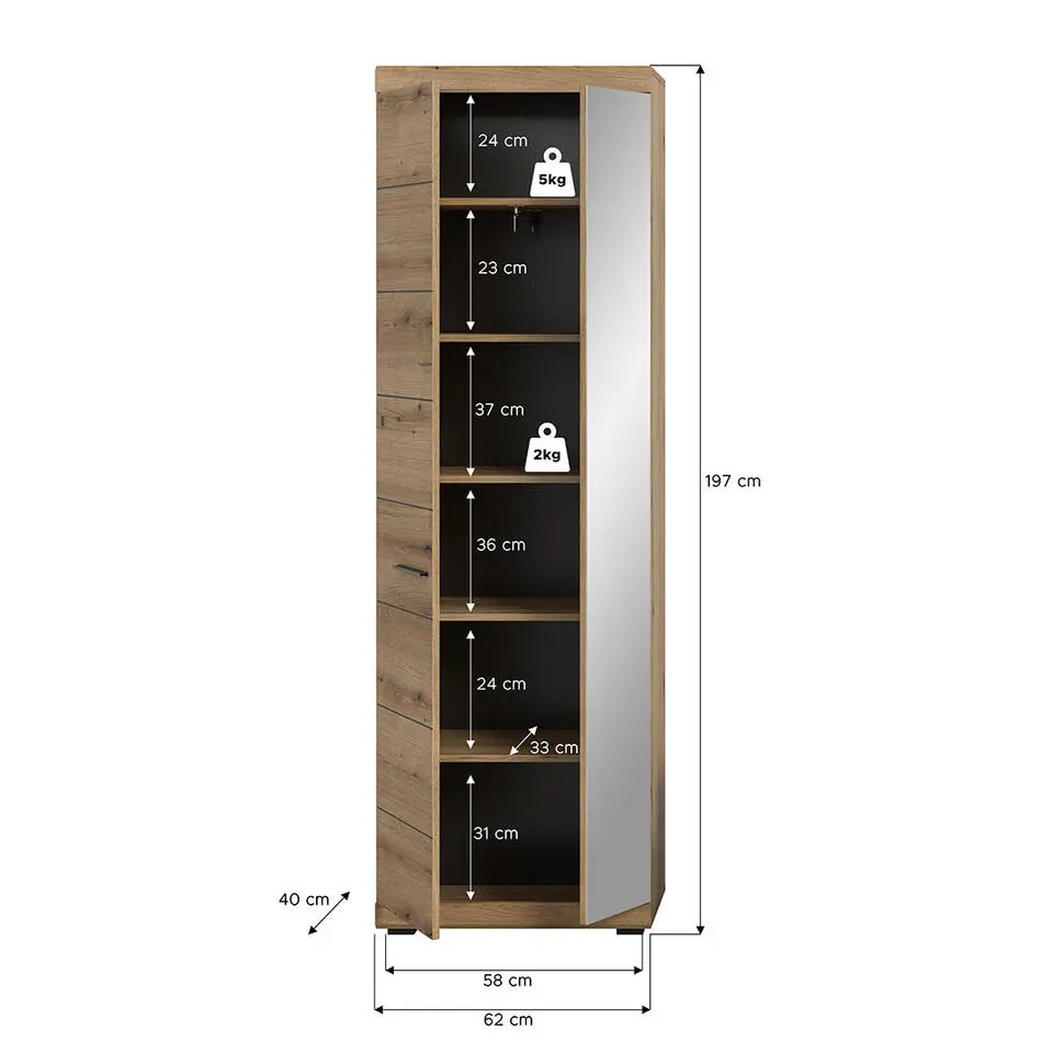 Hioshop Scout kledingkast 1 deur 1 spiegeldeur eik decor