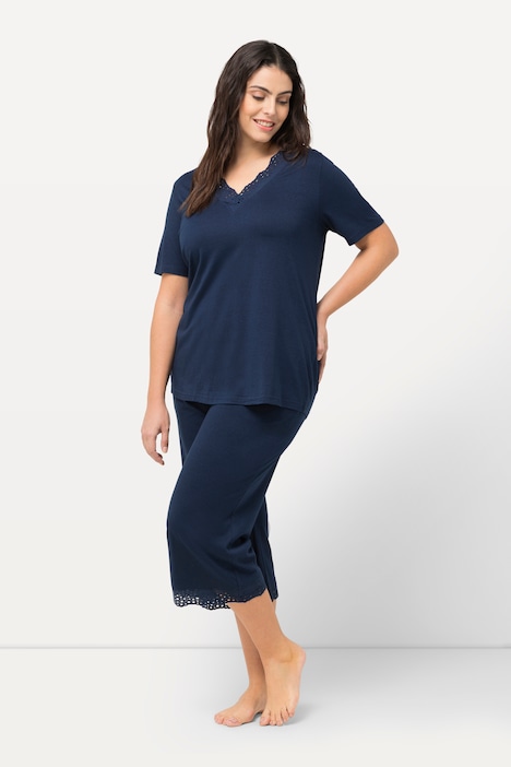 Pyjama, Lochstickerei, V-Ausschnitt, Halbarm, Modalmix