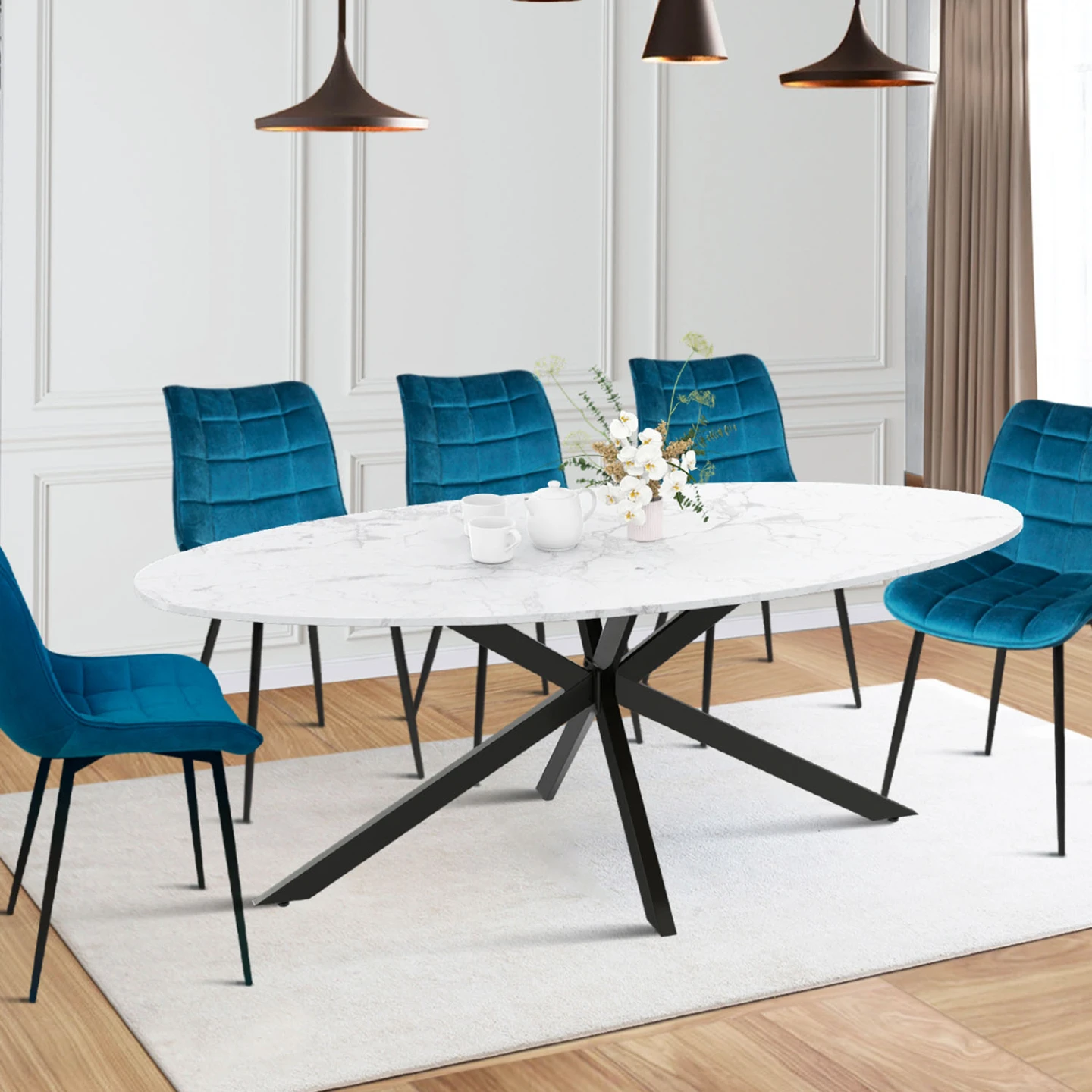 Table à manger ovale ALIX 10 personnes pied araignée noir et plateau effet marbre blanc ALASKA 200 cm