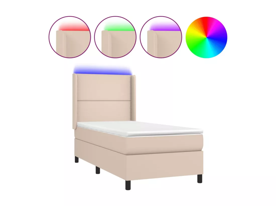 Sommier tapissier matelas et LED Cappuccino 90x190cm Similicuir