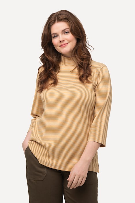 Shirt, Ringel, Stehkragen, Slim, 3/4-Arm, Biobaumwolle