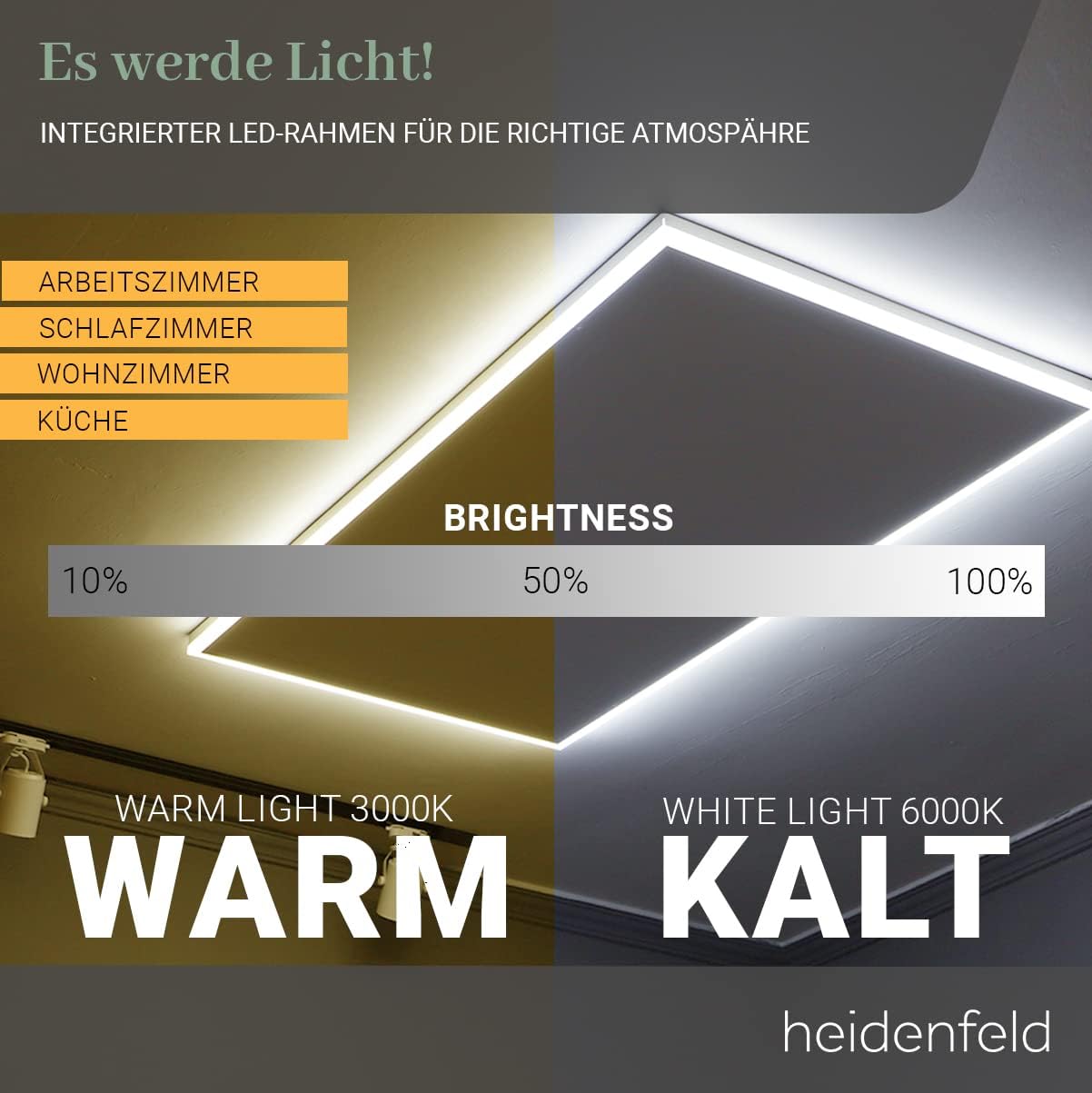 Heidenfeld Infrarotheizung HF-HP500 mit Licht |    - LED Rahmen - Infrarot Deckenheizung mit Thermostat - Deutsche Qualitätsmarke - Fernbedienung (800 Watt Wechselbar)