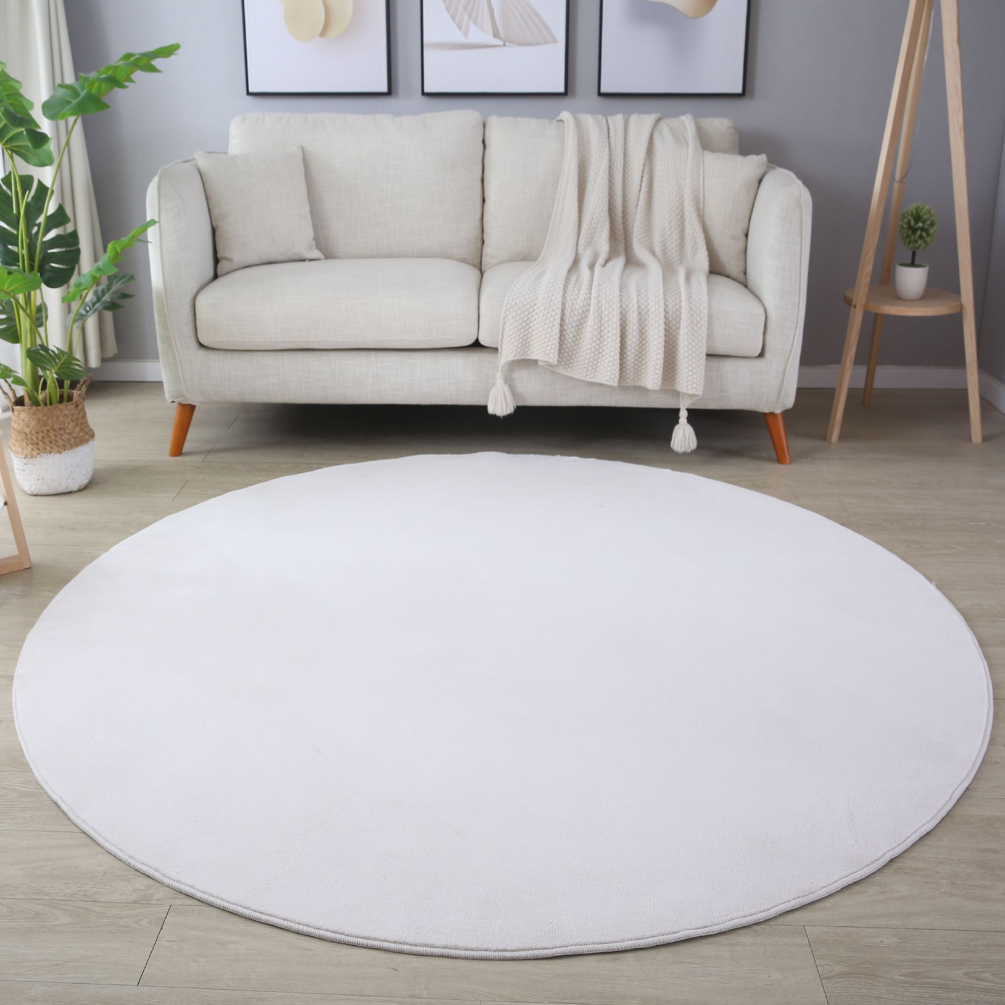 Waschbarer Runde Teppich, Kurzflor Flauschig Weich, Einfarbig, Felloptik, Soft