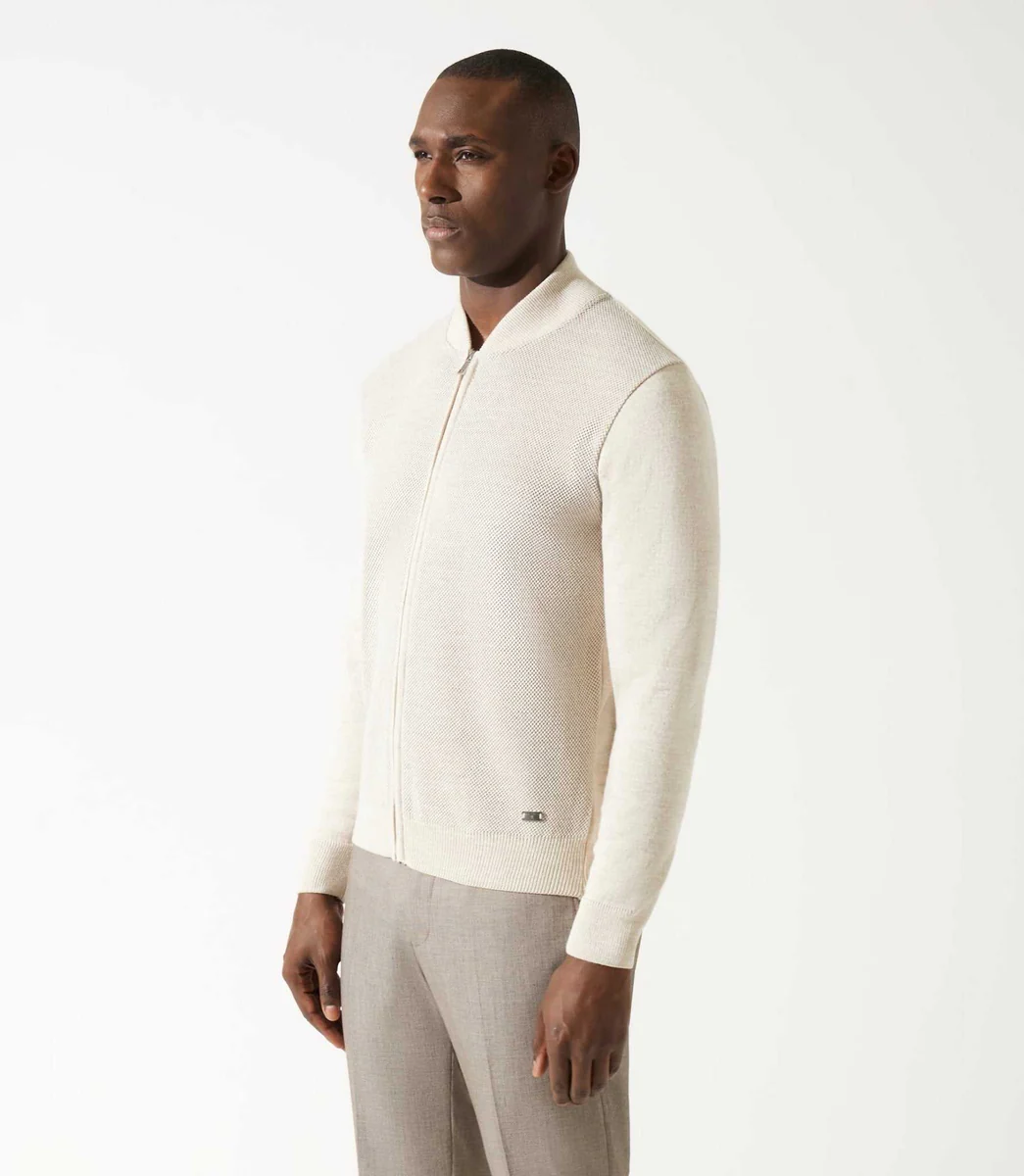 Gilet zippé jeux de point beige en mérinos