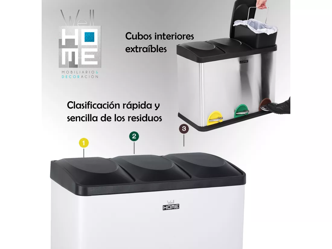 Cube de recyclage écologique 45 litres de 3 compartiments, cubes de recyclage / recyclage des ordures, grande capacité, papier, verre et plastique, ID 60,5 (largeur) x