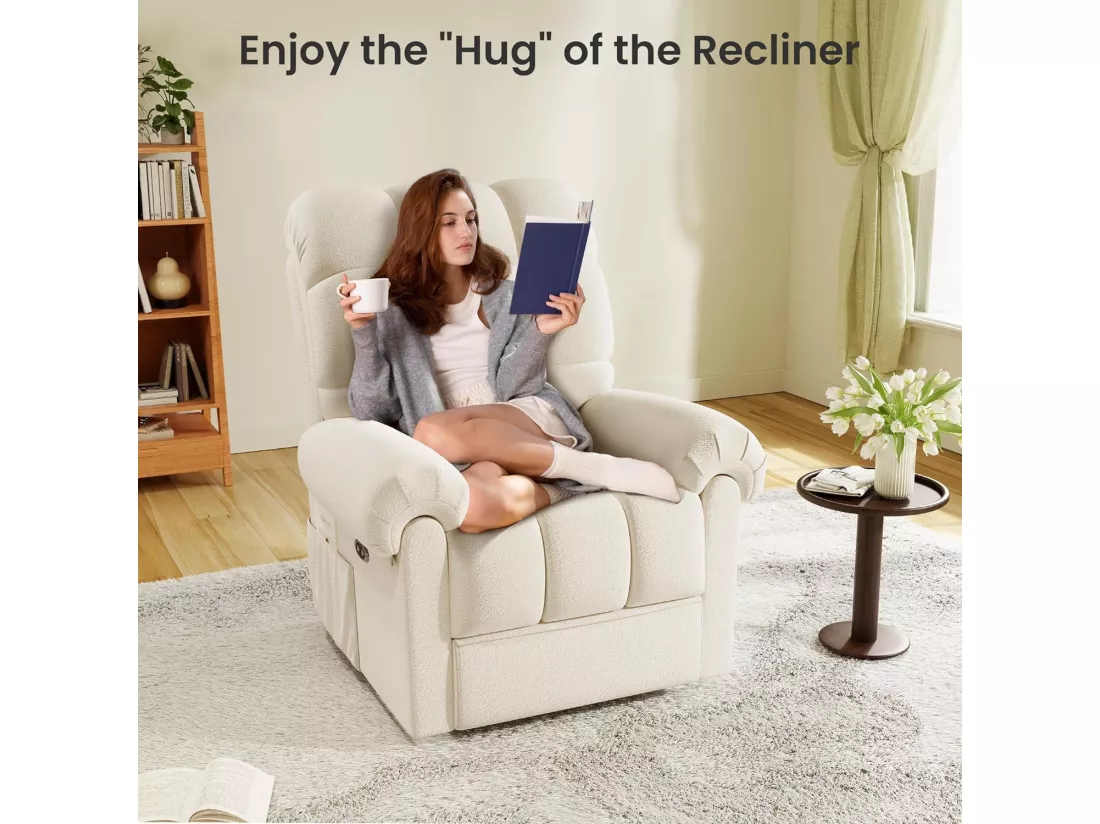 Fauteuil Relax électrique avec Repose-Pieds,Chaise salon en Velours Teddy,Fauteuil à loisirs Réglable,USB,Anti-statique,Confort,96x97x104cm Beige