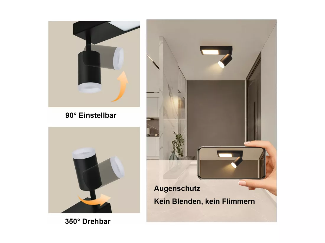 NETTLIFE Spot de plafond 1 ampoule GU10 chambre 3000k 20W lampe de cuisine noir blanc chaud orientable