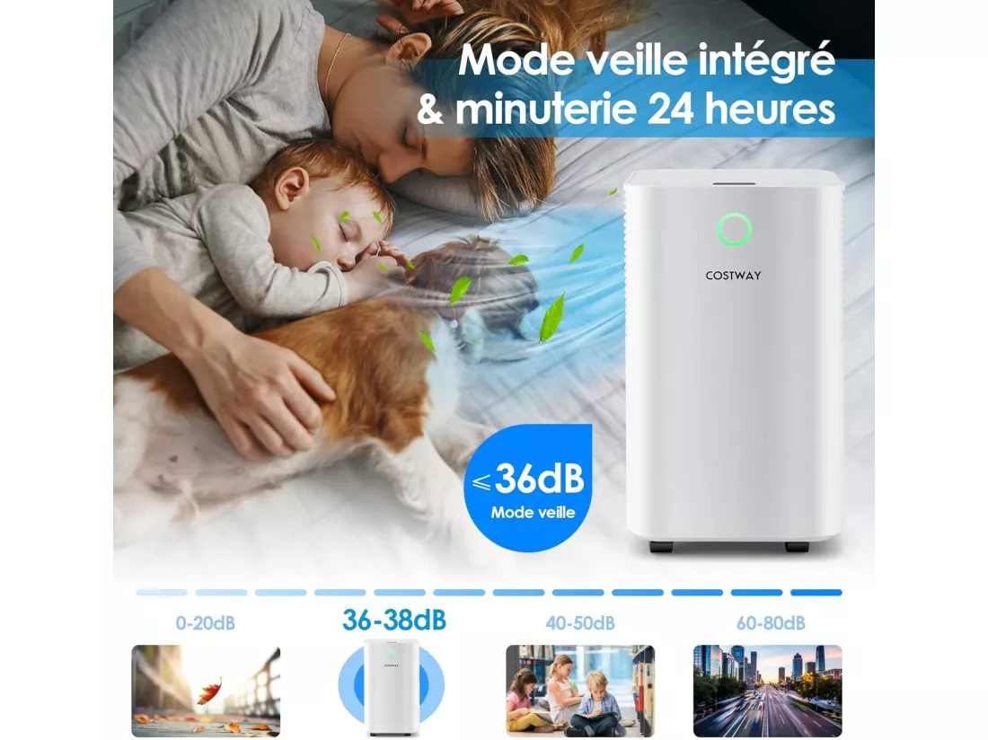 Déshumidificateur 14L/Jour Réservoir d'Eau 2L Minuterie 24H 3 Modes 2 Vitesses Dégivrage Automatique Pièces jusqu'à 15 m²