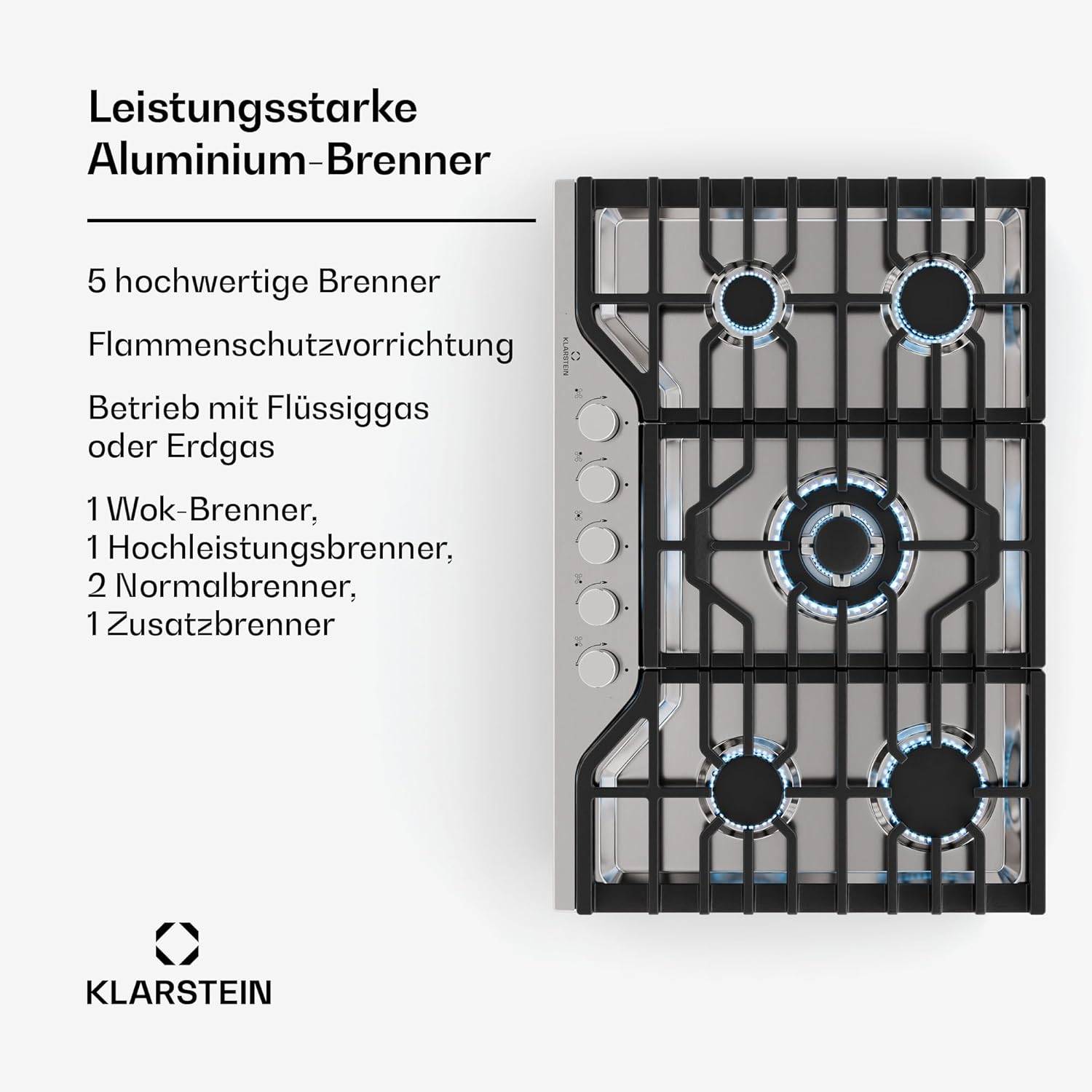 Klarstein Turbocast Gaskochfeld - 5-Brenner Edelstahl 304, 3,4 kW Wokbrenner, Gusseiserne Pfannenhalter, Elektrische Zündung, Sicherheitsabschaltung, LPG-Umrüstsatz, Gasherd, 750x500 mm