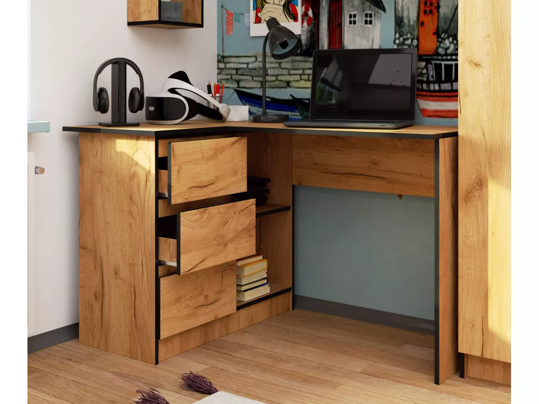 Bureau AKORD d'angle gauche B16 Chêne Craft 124 cm 3 tiroirs façade Chêne Craft 2 étagères 124x85x77 cm