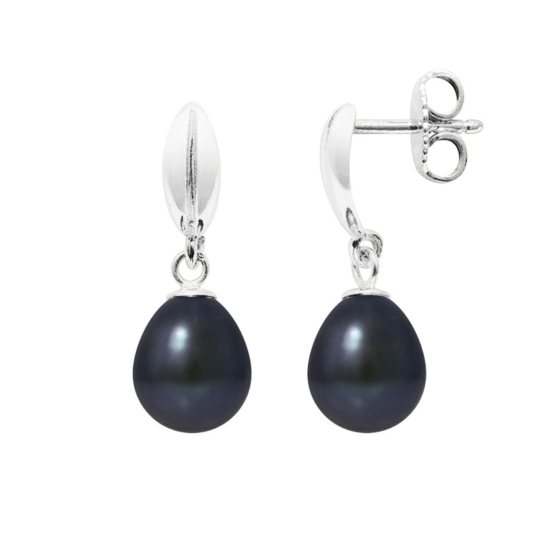Boucles d'Oreilles Perles de Culture Noires et or blanc 375/1000