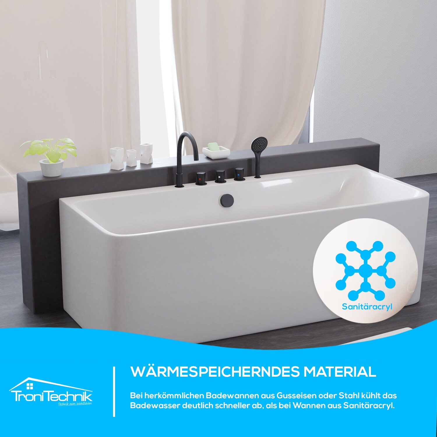 TroniTechnik® Badewanne SARIA Maße ca. 170 x 80 x 58cm Wanne, inkl. schwarze Armatur - Füllmenge 195 Liter,Acryl, Siphon