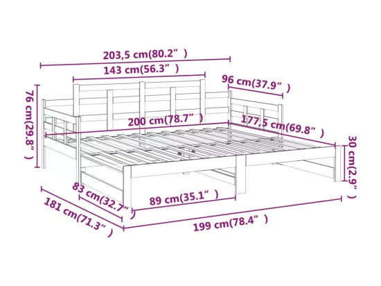 Lit coulissant sans matelas noir 2x(90x200) cm
