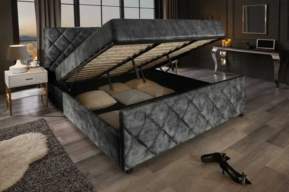 Design Boxbett ELYSIUM 180x200cm dunkelgrau Samt mit Stauraum und Lattenrost