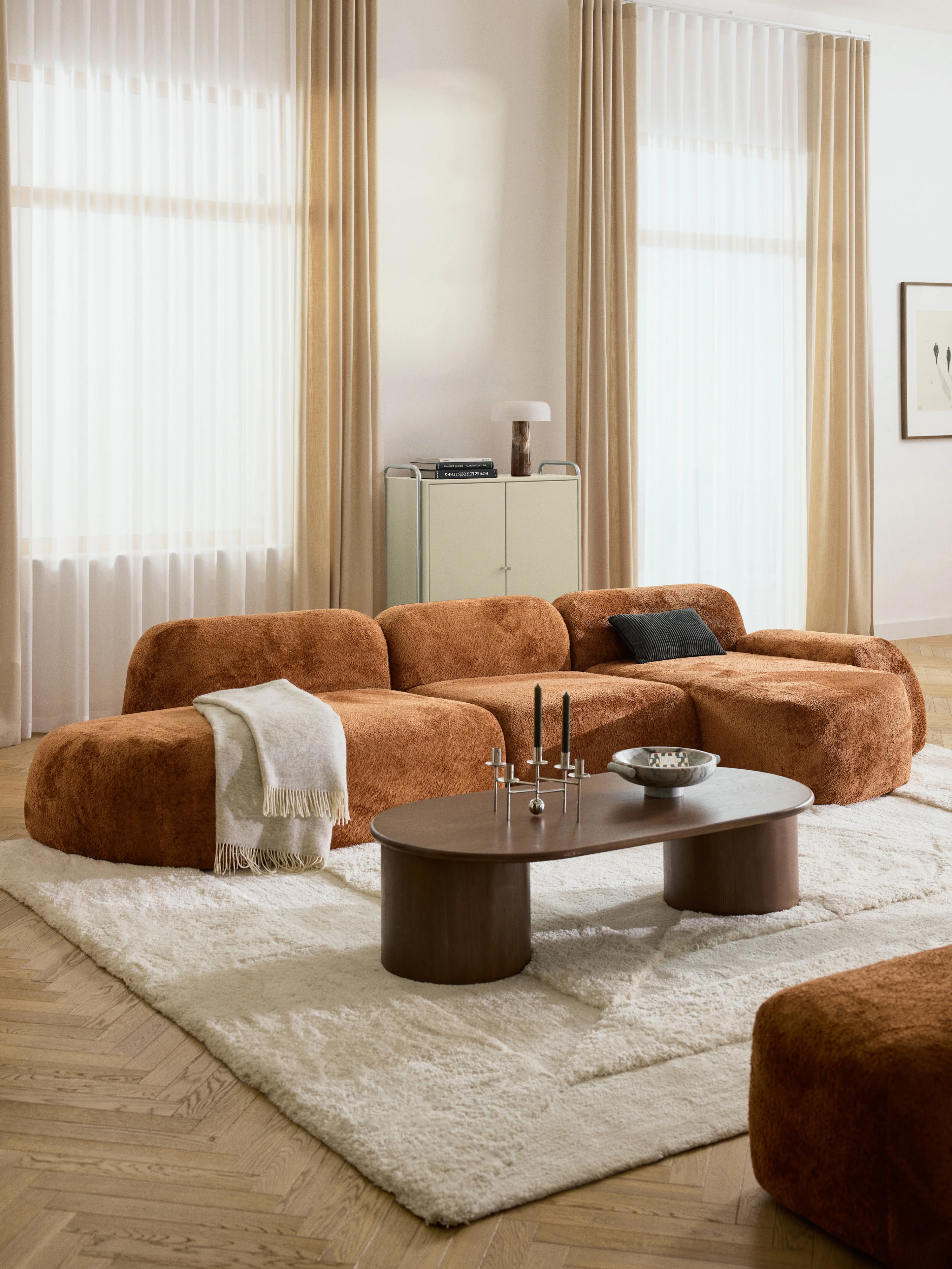 Modulaire teddy-bouclé hoekbank Wolke (4-zits) met chaise longue
