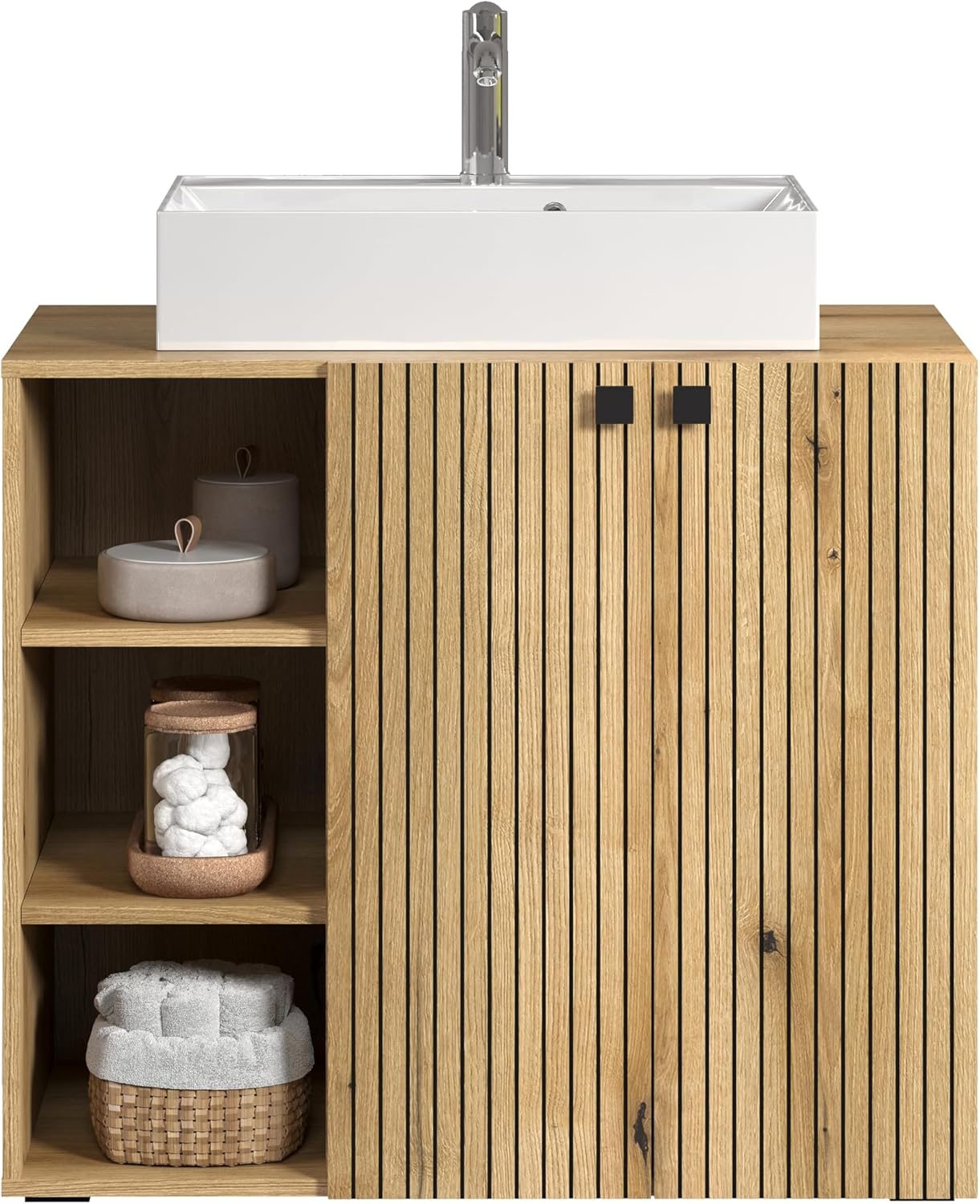 trendteam smart living - PureBliss - Waschbeckenunterschrank - Evoke Eiche - Rillenoptik - 3 offene Fächer + 1 Einlegeboden + 60cm Aufsatzwaschbecken - (BxHxT) 90 x 91 x 53cm - Metallgriffe