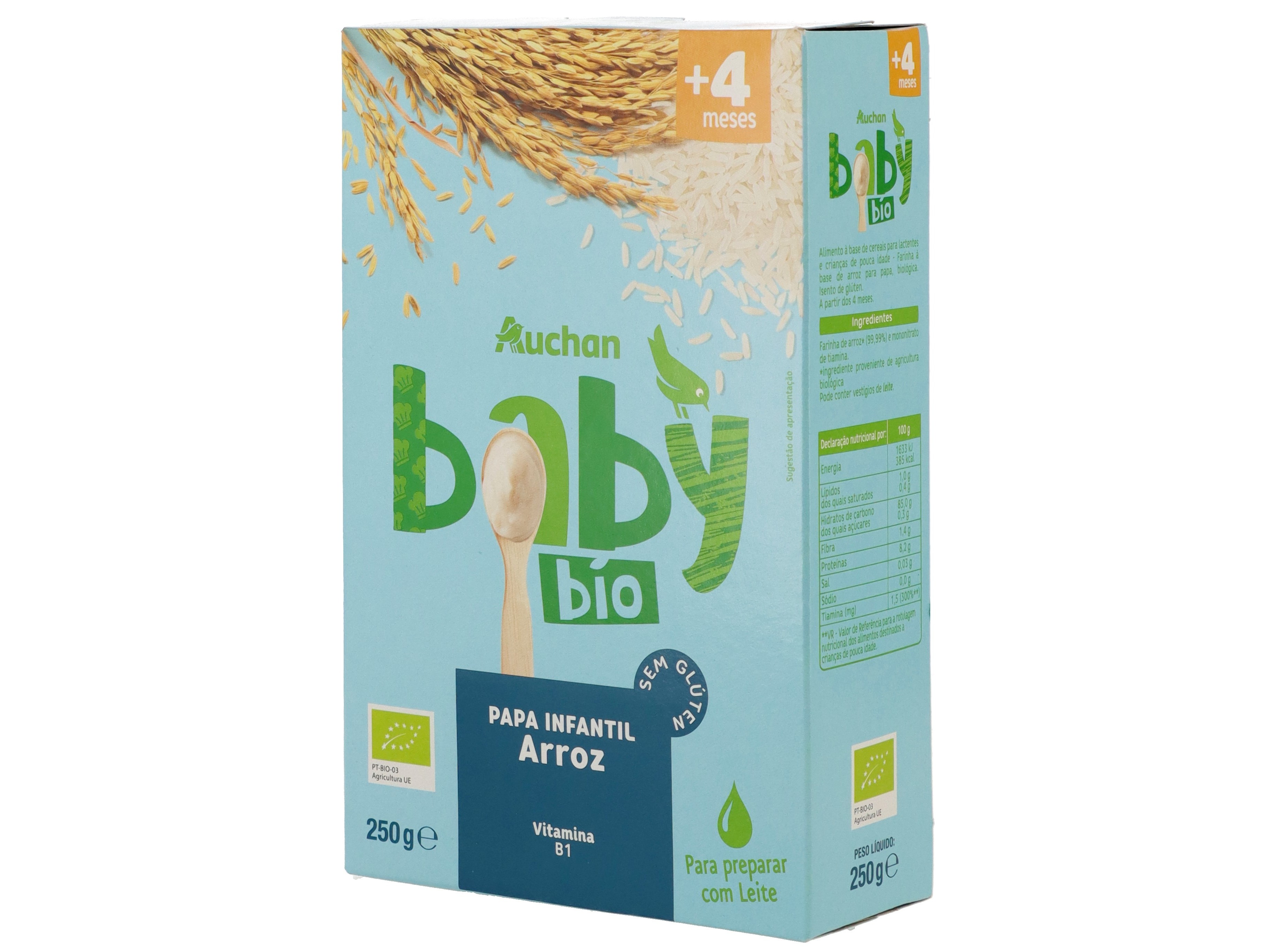 PAPA INFANTIL AUCHAN BABY BIO NÃO LÁCTEA ARROZ SEM GLUTÉN 250G