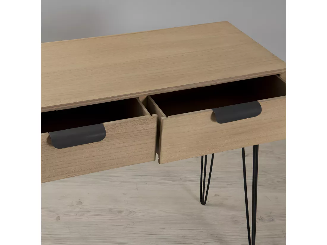EDITH - Console bois naturel 2 tiroirs pieds épingles métal noir
