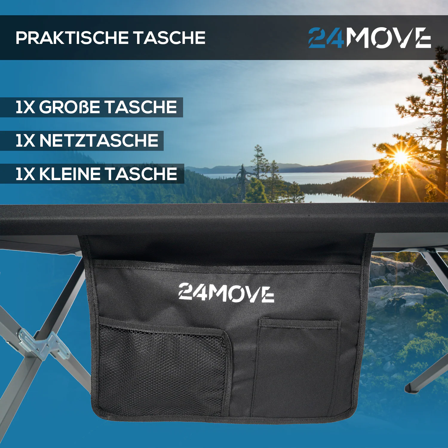 24MOVE® Feldbett Campingbett bis 180 kg In-und Outdoor Camping faltbar, inkl. Tragetasche für einfachen Transport