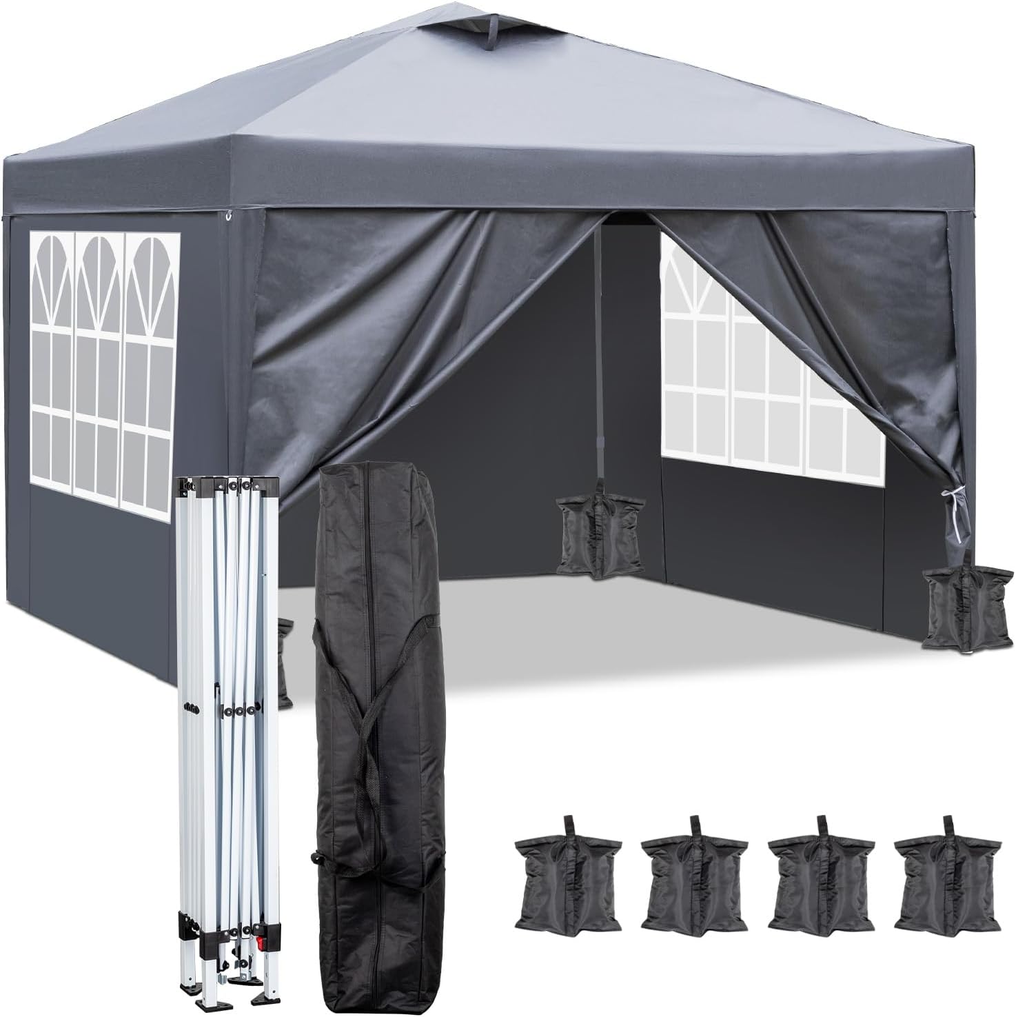 Pavillon 3x3m Pop-Up Faltpavillon,Wasserdicht Winterfest,Höhenverstellbar,Belüftungssystem,Stahlgestell UV-Schutz 50+,mit 4 Seitenwänden & 4 Sandsäcken,Für Garten,Camping,Party (Anthrazit)