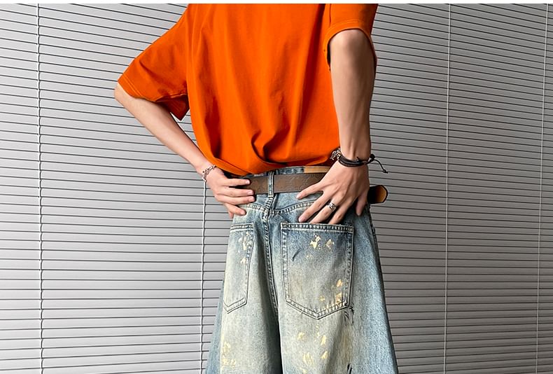 AXEN - Mid Rise Print Washed Wide Leg Jeans