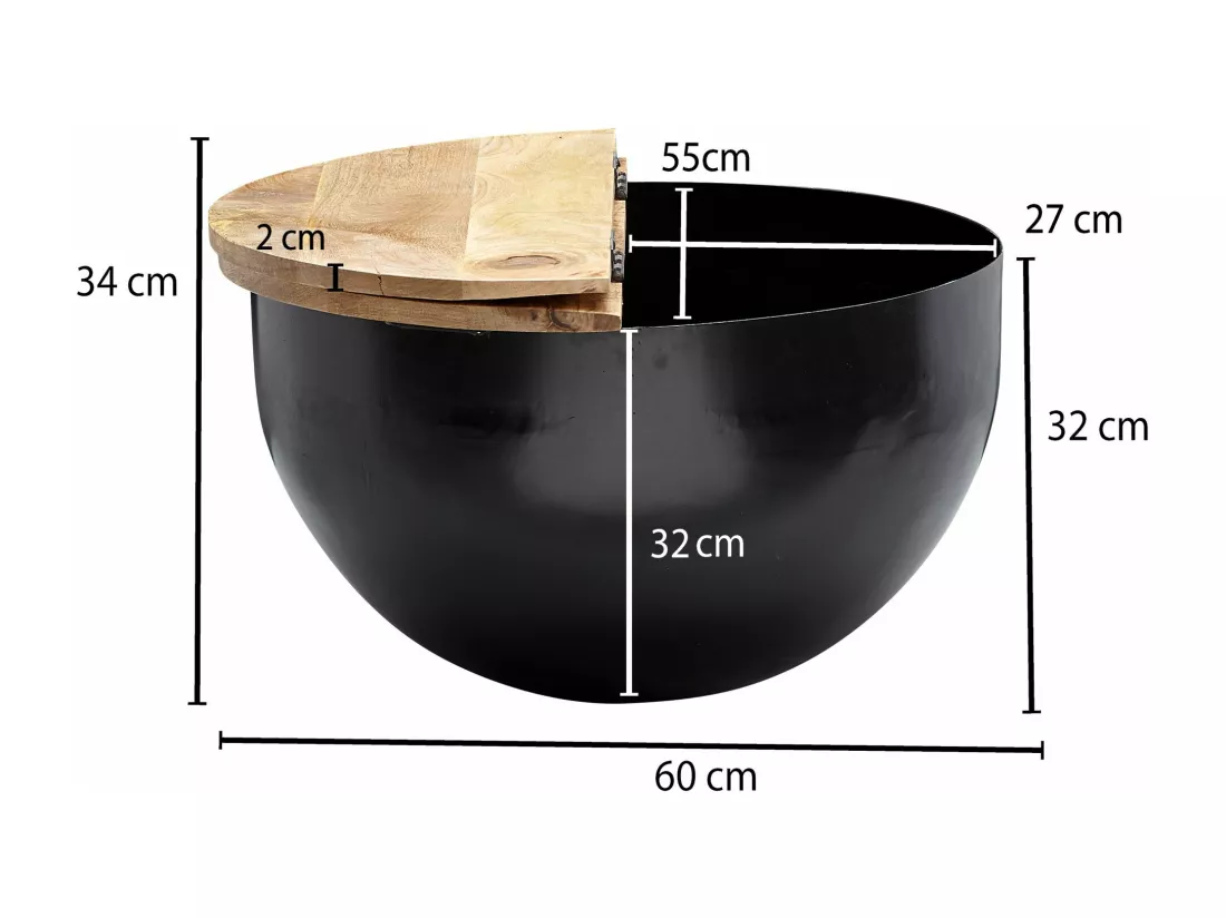 table basse manguier bois massif métal 60x34x60 cm style industriel rond | Table de salon design avec espace de rangement | Table basse de salon moderne noir