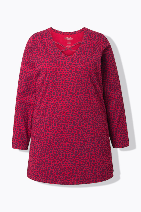 Longshirt, Leomuster, V-Ausschnitt, Zierbänder, Langarm, rubinrot