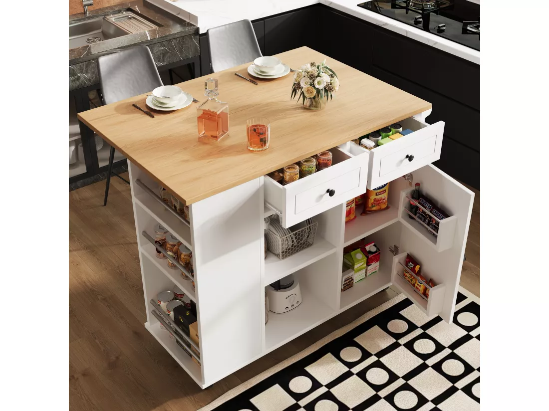 Ilot central de cuisine mobile avec 2 tiroirs, 1 porte et compartiments - 120x42/76x91.5cm - MDF et métal - Blanc + naturel