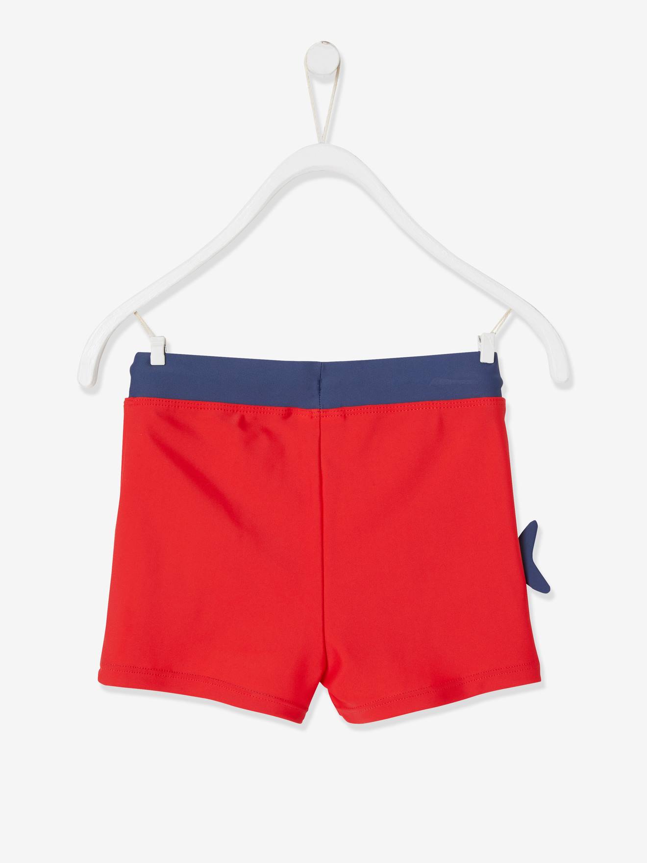 Calção de banho infantil masculino com estampa de peixe 3D, rosa médio, liso com detalhes.