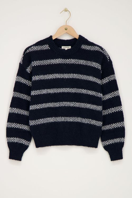 Donkerblauwe oversized trui met witte strepen