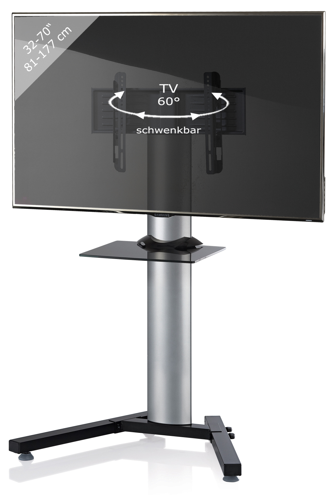 TV-Standfuß STADINO MINI - silber - Schwarzglas - mit Ablage