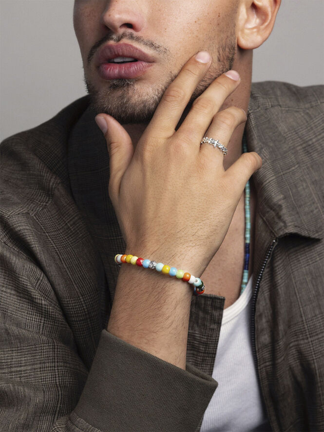 Nialaya Wristband with Multicolored Glass and Silver Multi