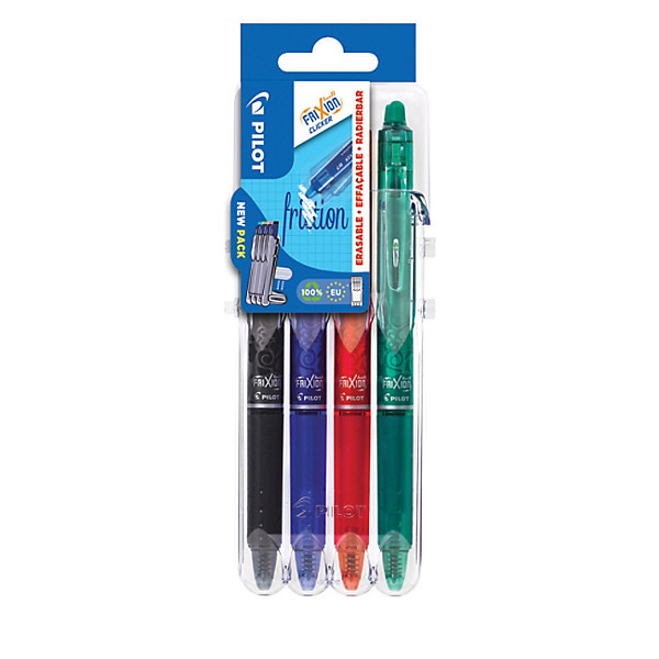 Pilot FriXion Clicker Stylo roller rétractable encre gel effaçable pointe moyenne 0,7 mm - Etui rigide organiseur de 4 couleurs assorties classiques