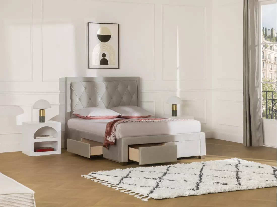 Lit avec tiroirs 180 x 200 cm - Tissu velours - Beige - LEOPOLD
