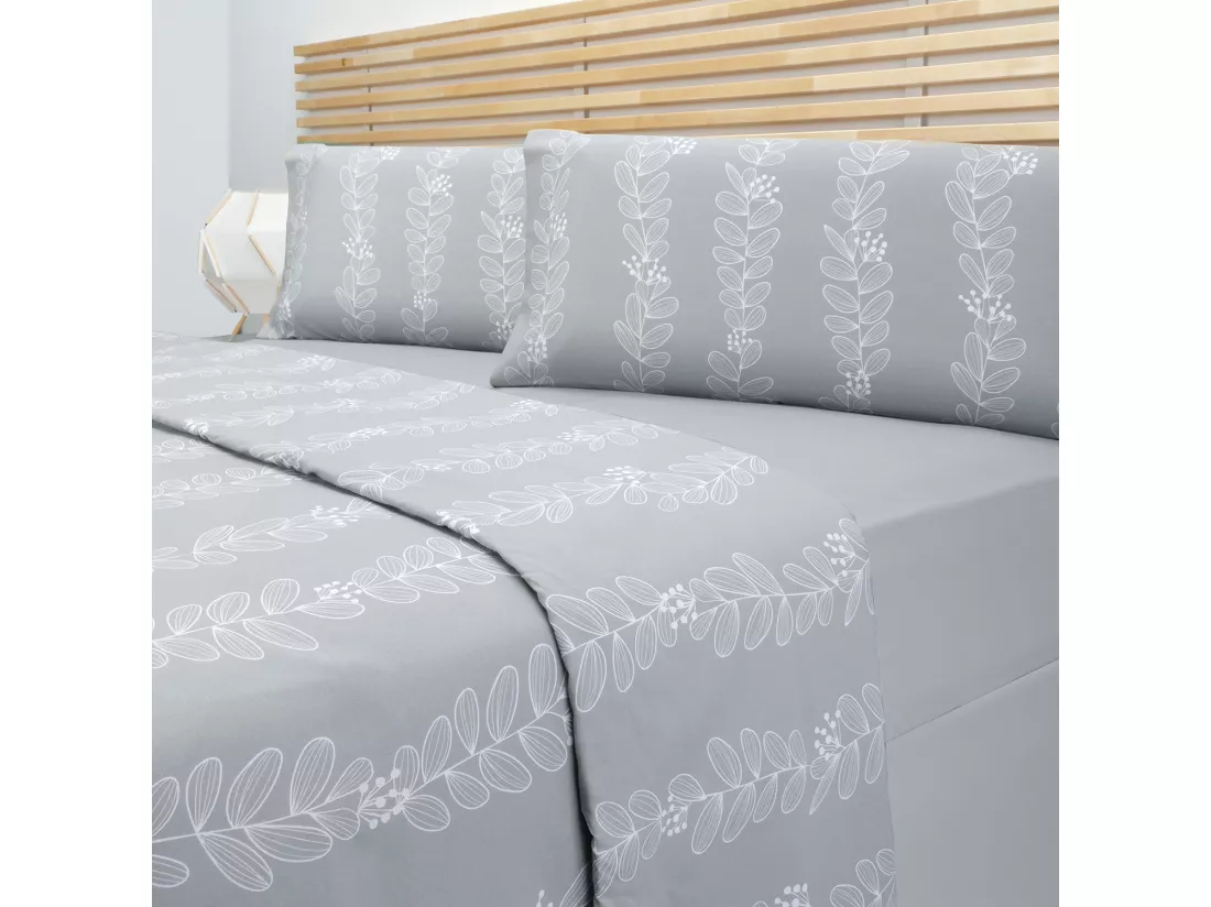 Jeu de housse de couette 50% coton imprimé feuilles Gris
